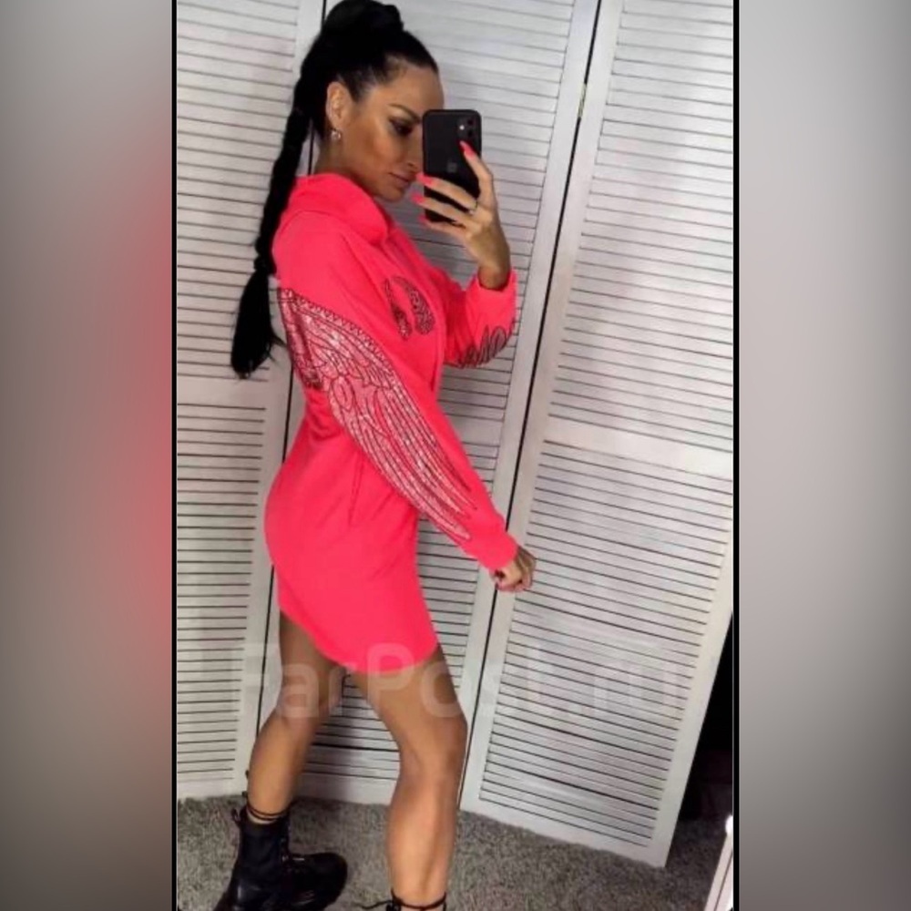 New Hot Pink Hoodie Dress with pockets and Wing Design - Picture 12 of 13